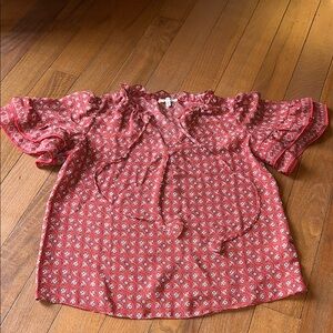 Red Patterned Blouse with Ruffle Sleeves